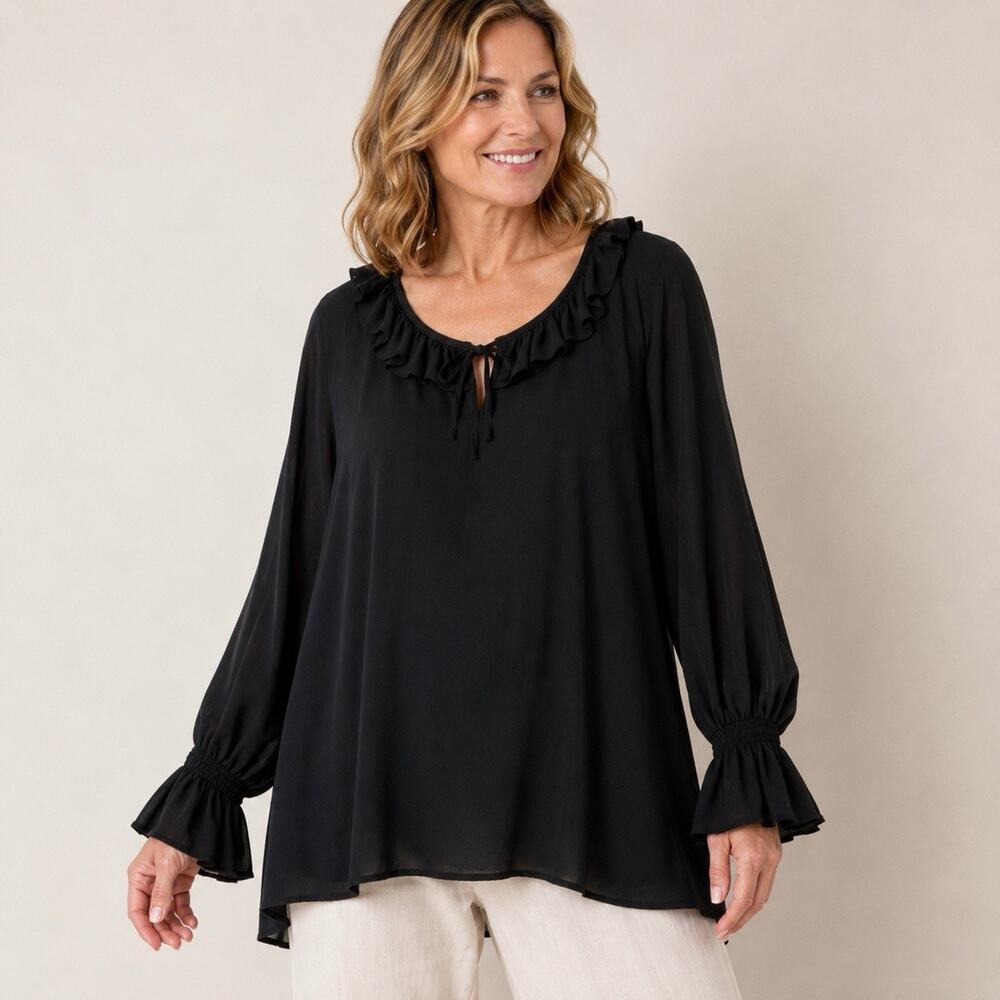 Loulou de la Falaise Silk Peasant Blouse XL Black Ruffle V Neck Romantic Boho